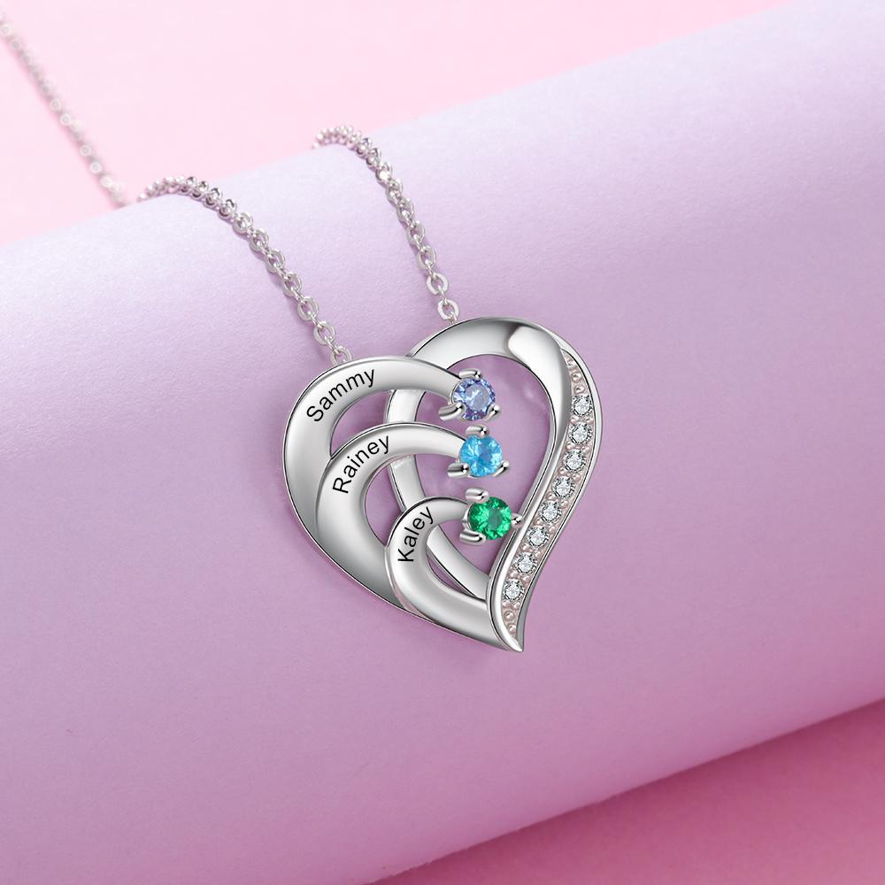 Personalised Mother Necklace Engraved 3 Names 3 Birthstone Intertwined Heart Pendant