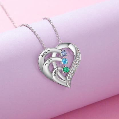 Personalised Mother Necklace Engraved 3 Names 3 Birthstone Intertwined Heart Pendant