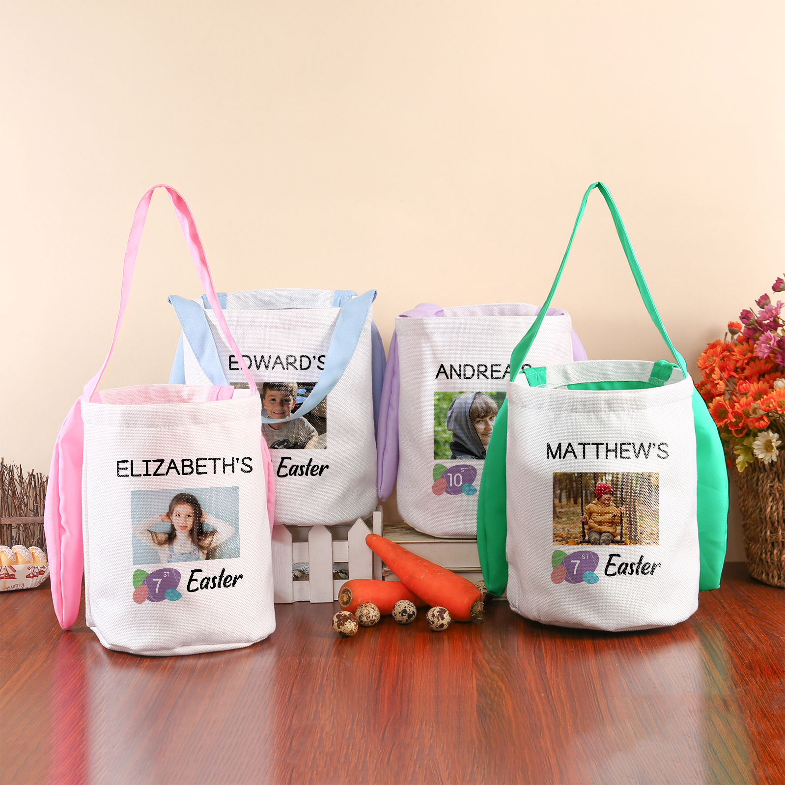 Personalised Photo Bunny Tote Bag Custom Name & Text & Number Bucket Bag Bunny Basket Easter Gifts-Jessemade AU