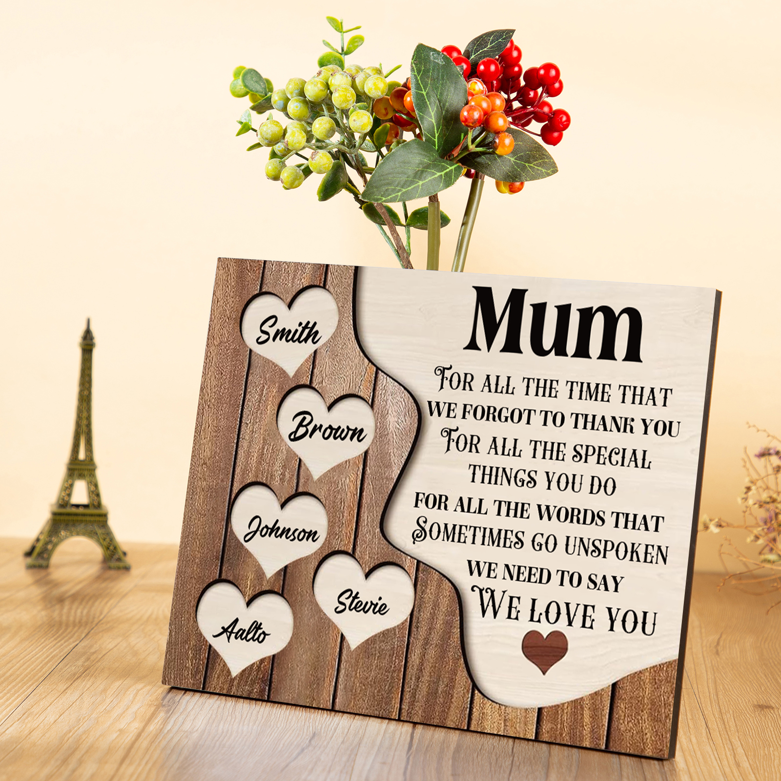 5 Names - Personalised Mum Wooden Plaque Custom Names Home Decoration Hearts Gift for Mother-Jessemade AU