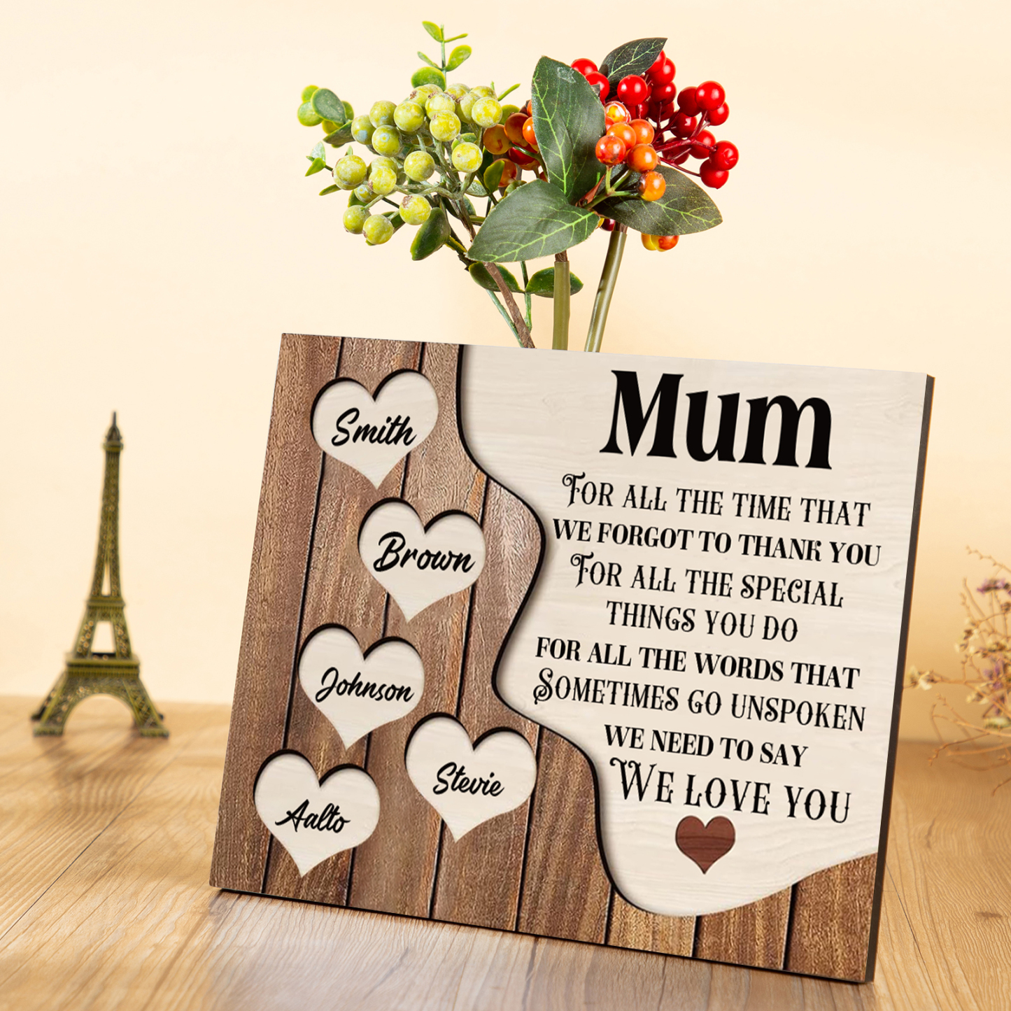 5 Names - Personalised Mum Wooden Plaque Custom Names Home Decoration Hearts Gift for Mother-Jessemade AU