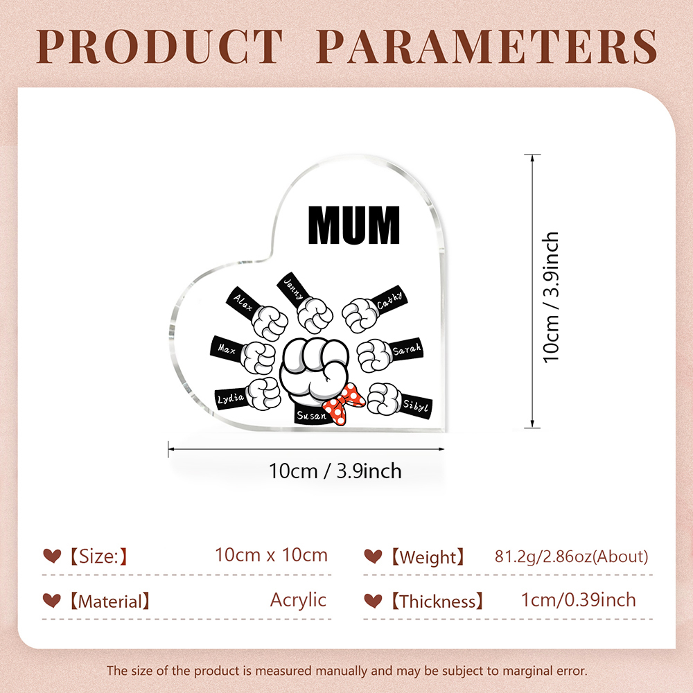8 Names - Personalised Acrylic Heart Keepsake Custom Name & Text Fist Bump Ornaments Gifts for Family-Jessemade AU