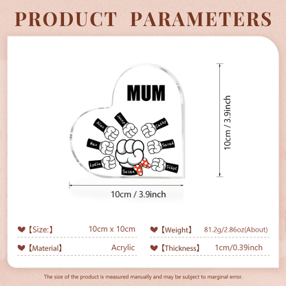 8 Names - Personalised Acrylic Heart Keepsake Custom Name & Text Fist Bump Ornaments Gifts for Family-Jessemade AU