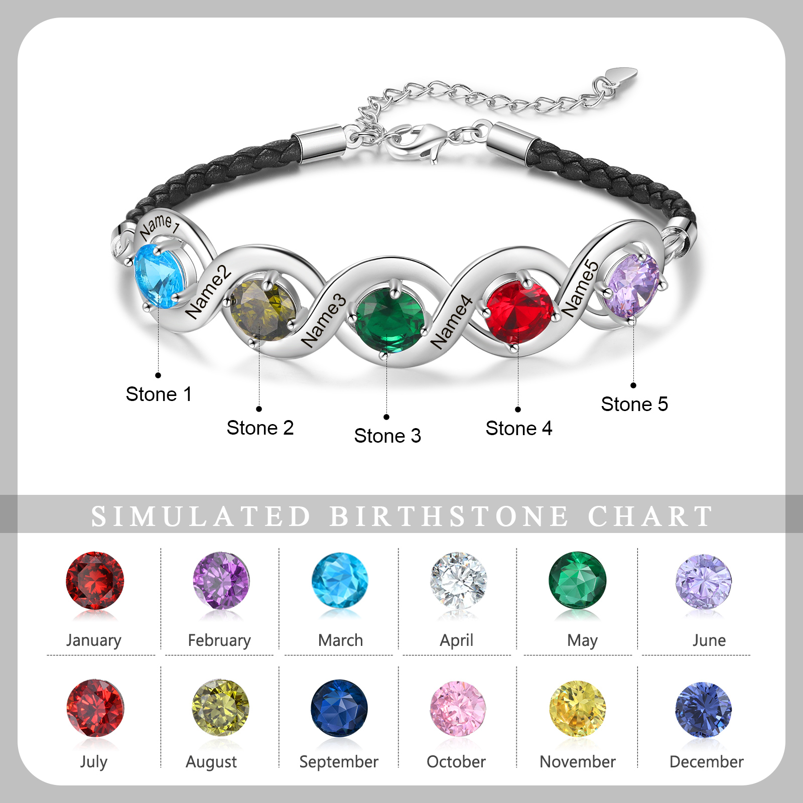 Personalised Infinity Bracelets Custom 5 Birthstones & 5 Names Adjustable Bracelet Gift for Her-Jessemade AU