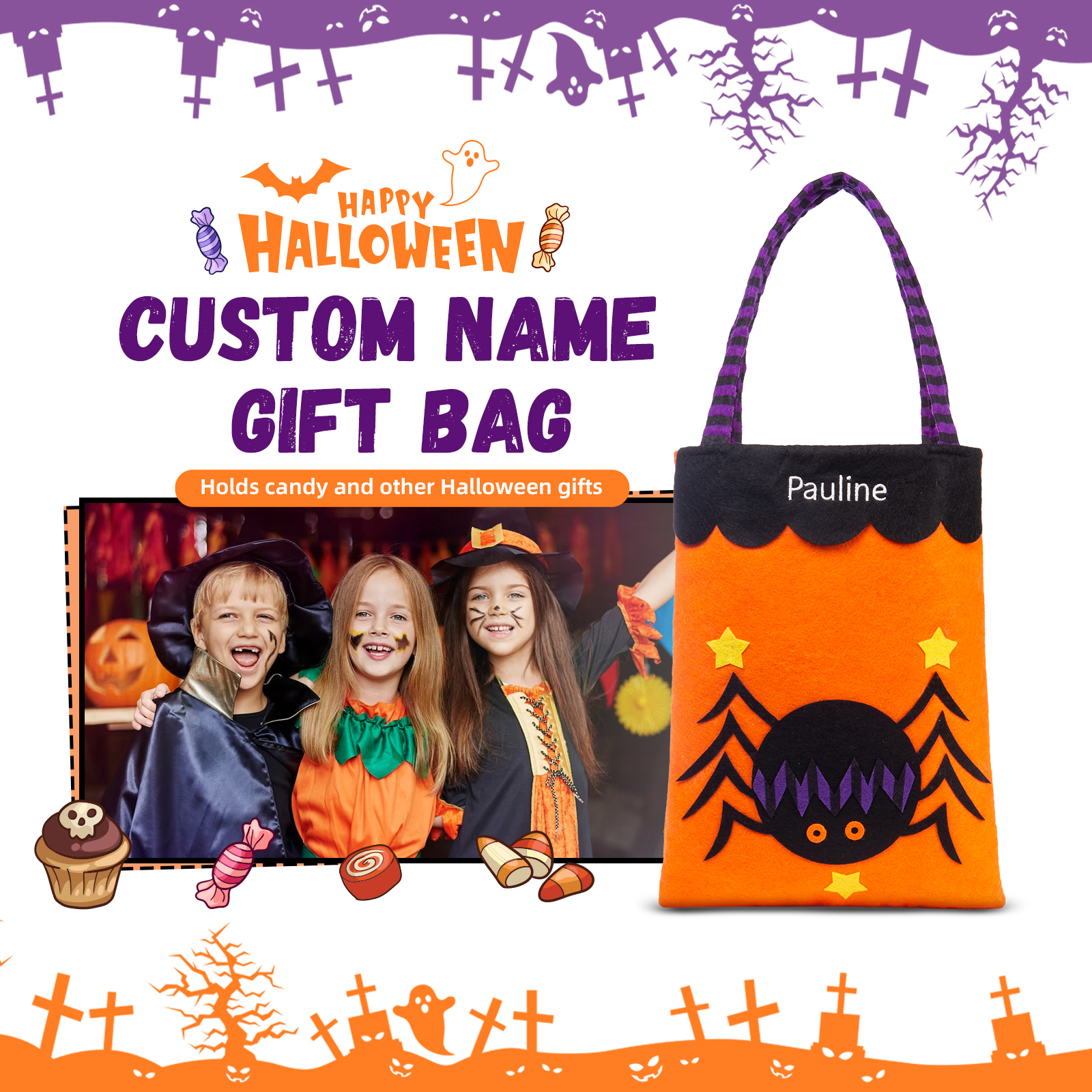 Personalised Halloween Tote Bags Custom 1 Name Tote Bag Halloween Candy Bag for Kids-Jessemade AU