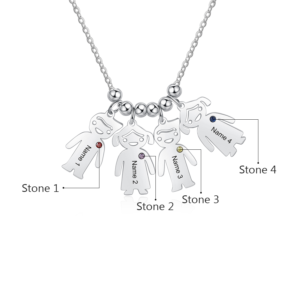 Personalised Kids Charm Necklace With 4 Birthstones Engraved Names Gift For Mother-Jessemade AU