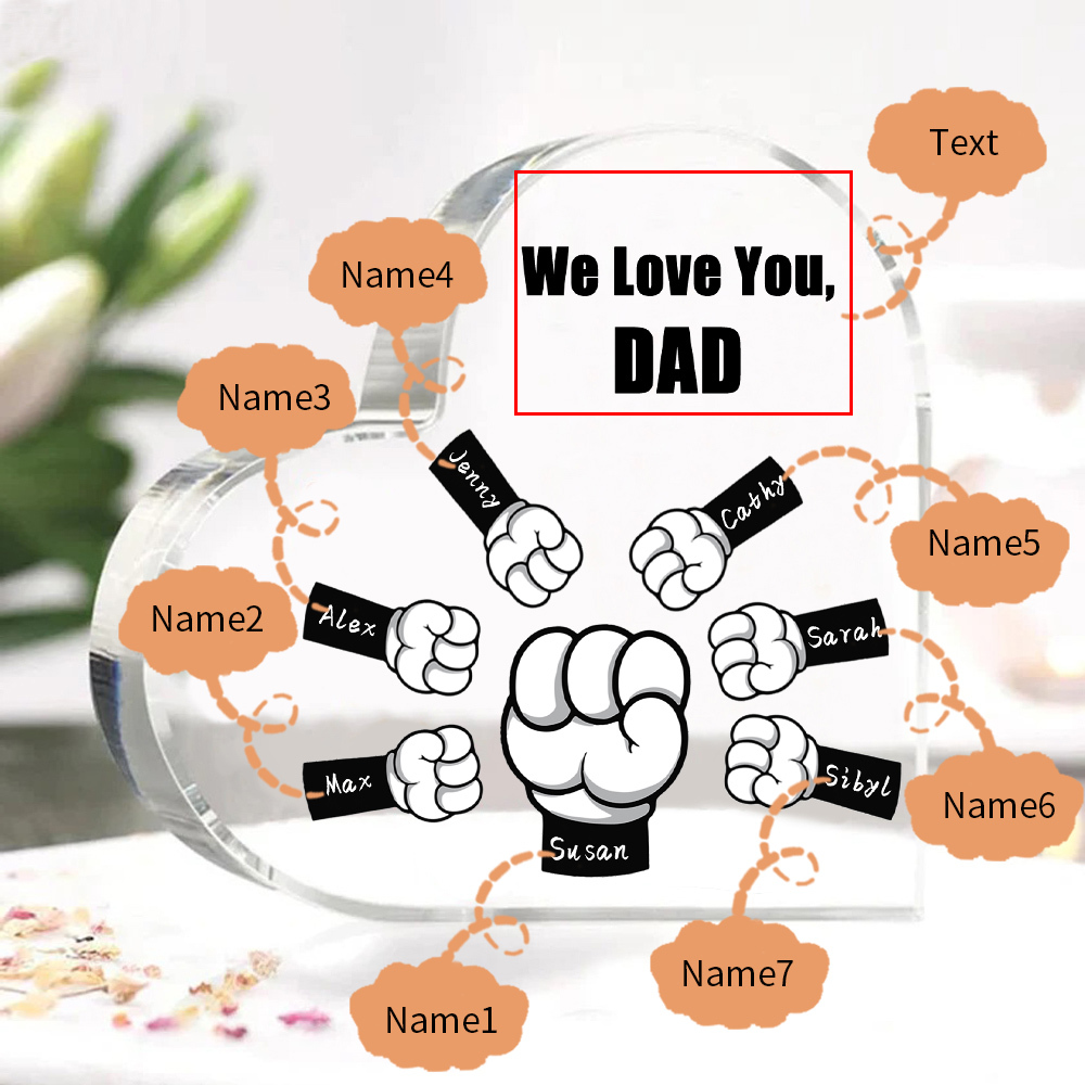 Personalised Acrylic Heart Keepsake Custom 7 Names & 1 Text Fist Bump Ornaments Gifts for Dad/Grandpa-Jessemade AU