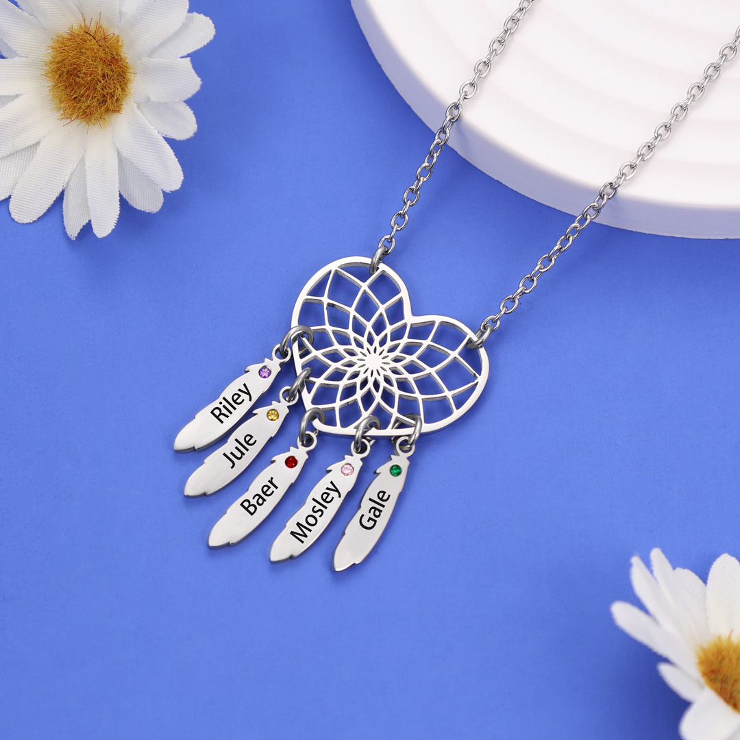 Personalised Dream Catcher Necklace With Birthstones Custom 5 Names Necklace Gifts For Her-Jessemade AU
