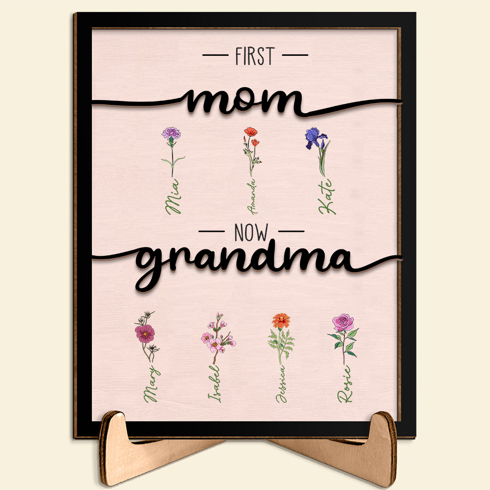 Personalised Birth Flowers Wooden Plaque Custom 2–10 Names Desktop Decor With Stand Gifts for Grandma/Mother-Jessemade AU