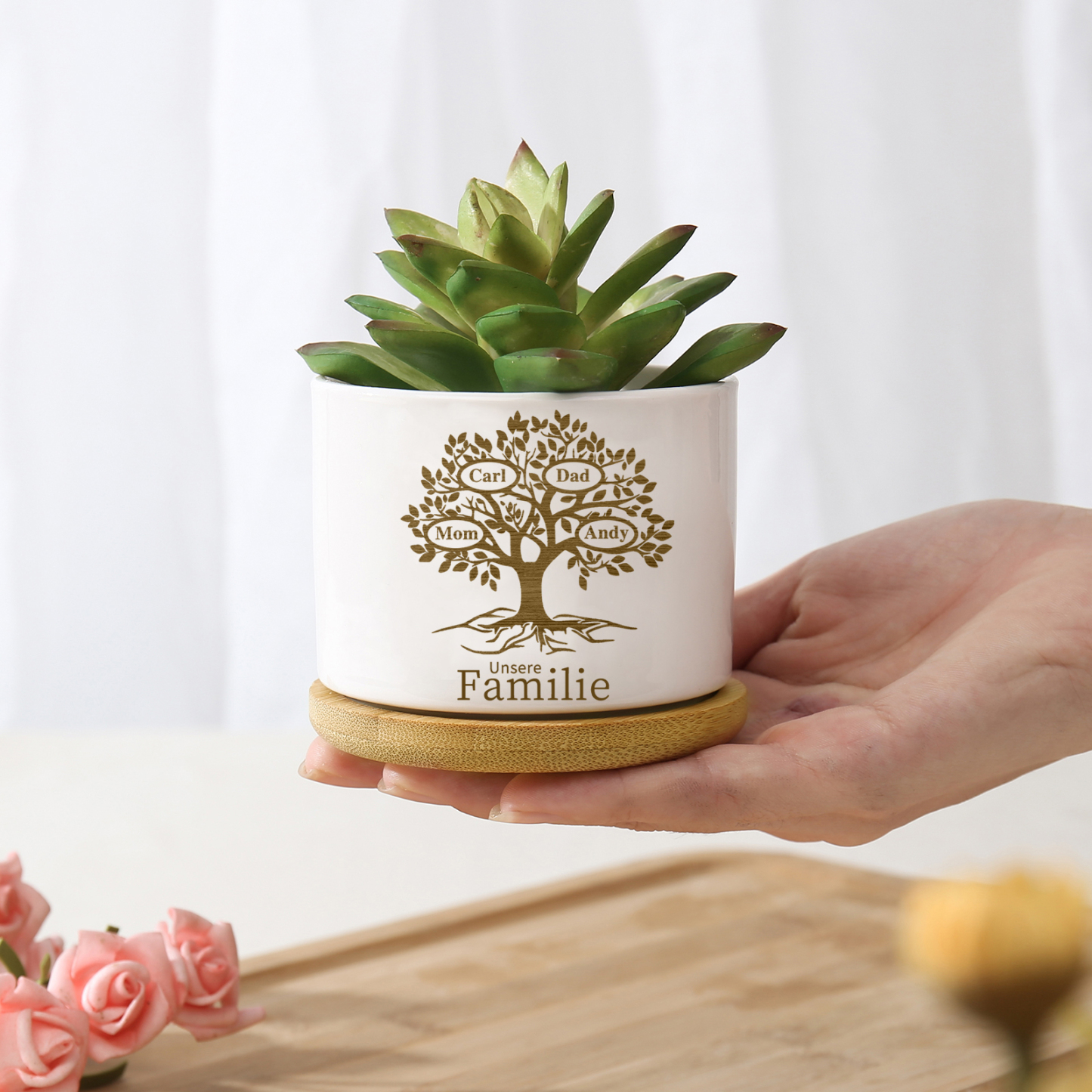Personalised Ceramic Flowerpot with Wooden Base Custom 4 Names & 1 Text Family Tree Flowerpot Gift for Mum/Nan-Jessemade AU