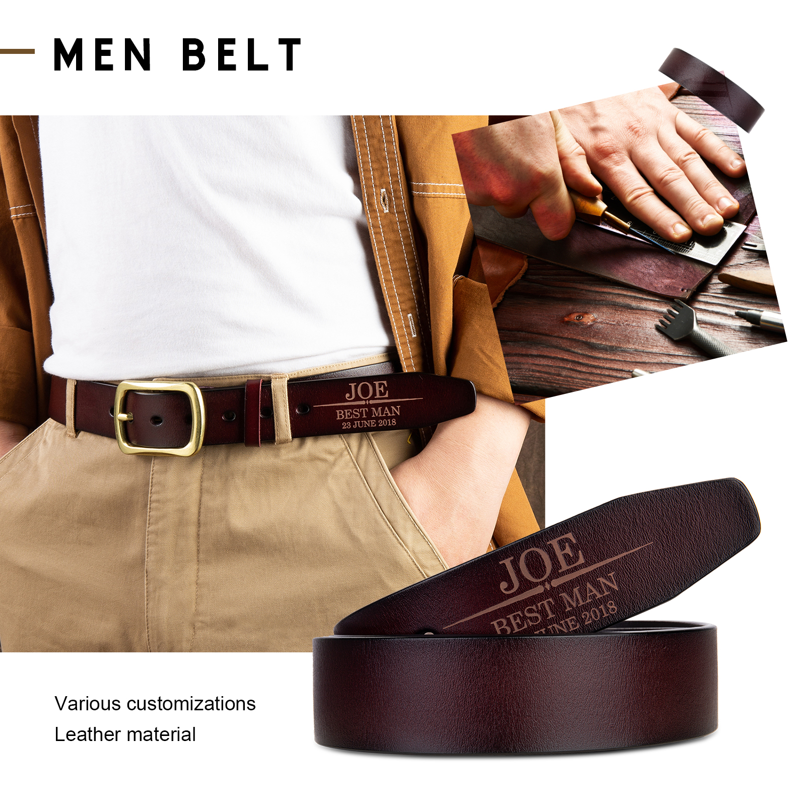 Personalised Genuine Leather Belt Engraved Names Men's Belt for Him-Jessemade AU