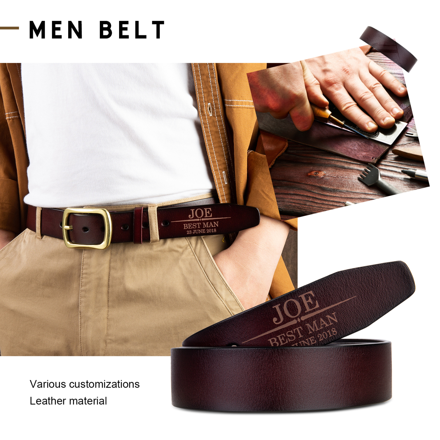 Personalised Genuine Leather Belt Engraved Names Men's Belt for Him-Jessemade AU