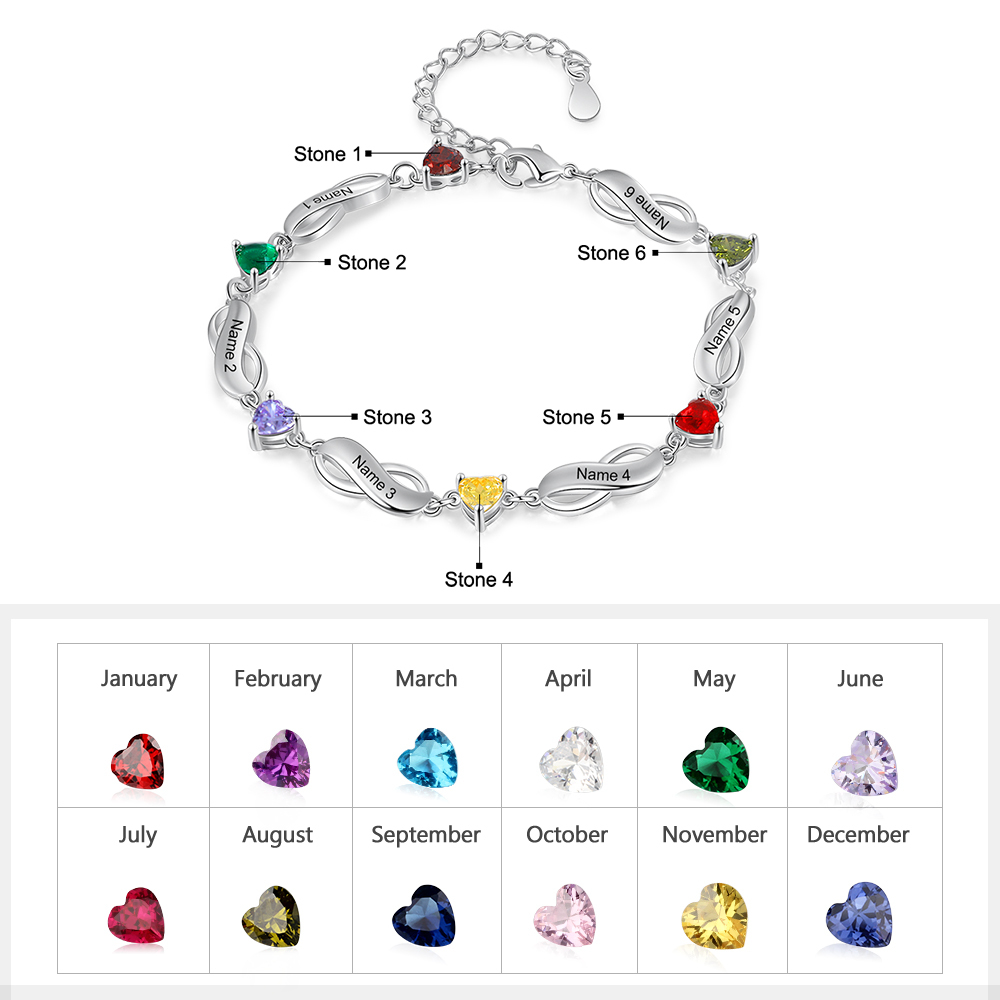 Personalised Bracelet With 6 Birthstones Engraved Names Bracelet Gift For Women-Jessemade AU