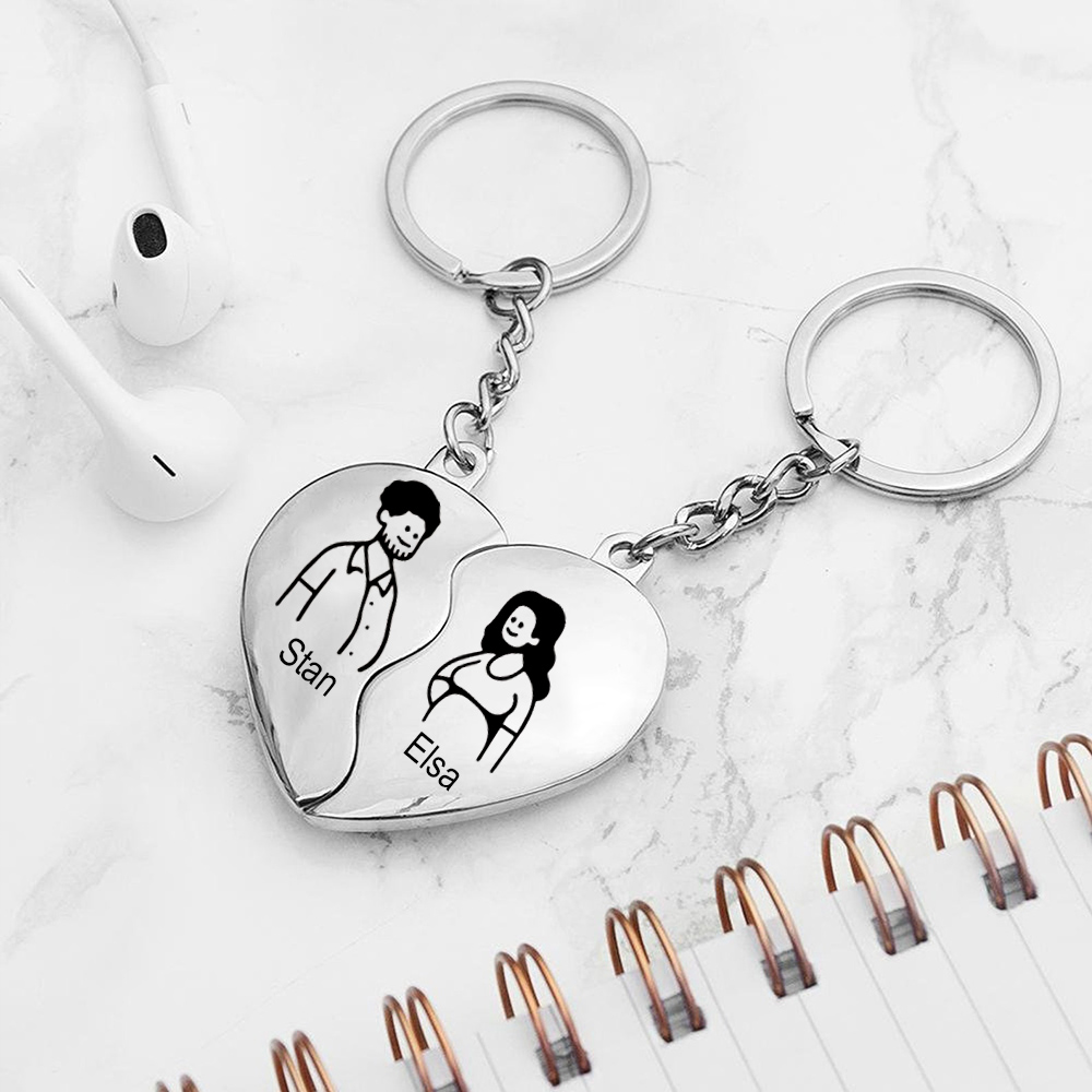 Personalised Couple Heart Keychain Set Custom 2 Names Matching Couple Keyring Valentine's Day Gifts For Couples-Jessemade AU