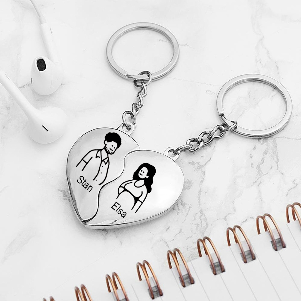 Personalised Couple Heart Keychain Set Custom 2 Names Matching Couple Keyring Valentine's Day Gifts For Couples-Jessemade AU