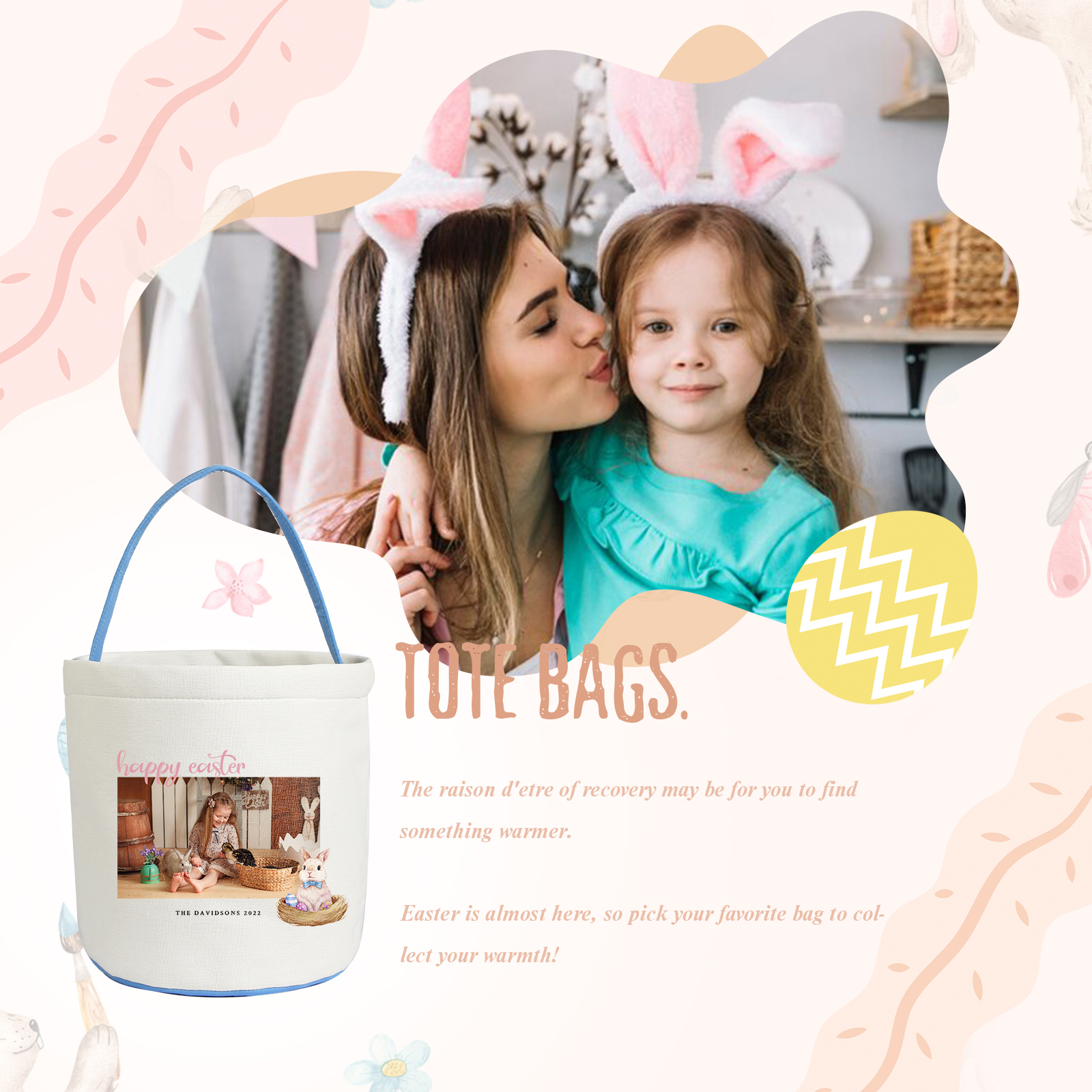 Easter Bunny Tote Bag Personalised Photo & 2 Texts Bucket Bag White Basket Gifts For Kids-Jessemade AU