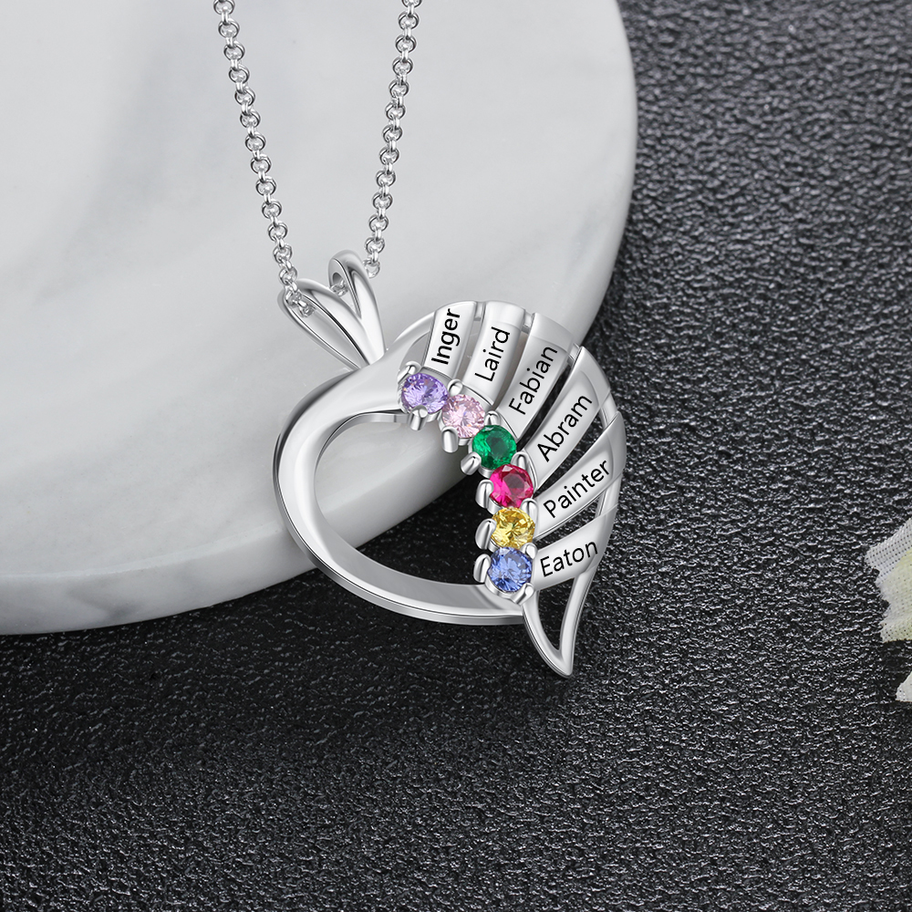 Personalised Heart Necklace With 6 Birthstones Engraved Names Gift For Her-Jessemade AU