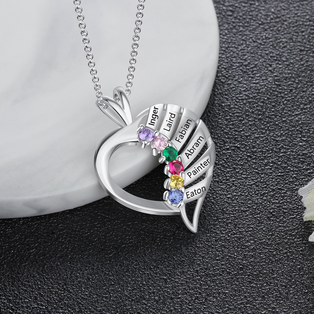 Personalised Heart Necklace With 6 Birthstones Engraved Names Gift For Her-Jessemade AU