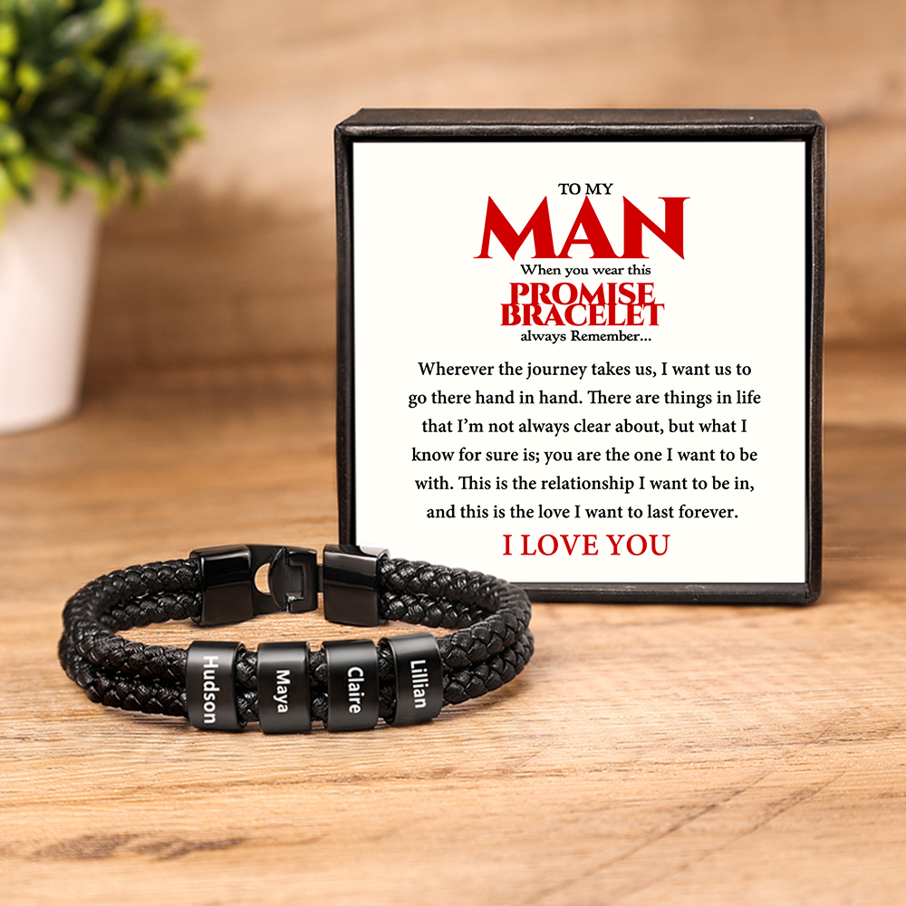 Personalised Braided Leather Bracelet Engraved 4 Names Men's Bracelet for Him-Jessemade AU
