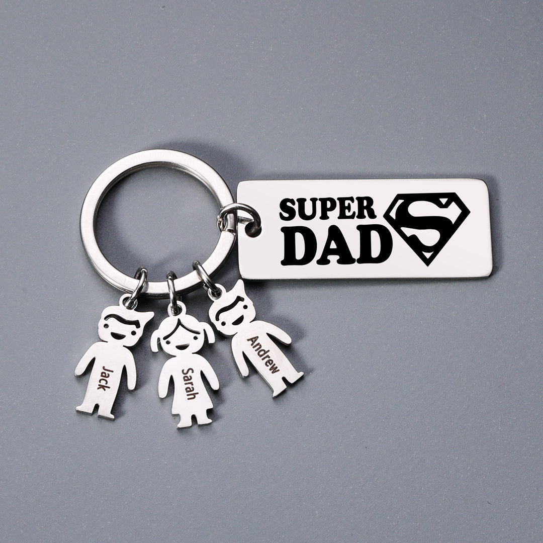 Father's Day Gift Personalised Super Dad Keychain Engraved 3 Kid Charms-Jessemade AU