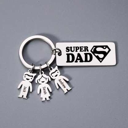 Father's Day Gift Personalised Super Dad Keychain Engraved 3 Kid Charms-Jessemade AU
