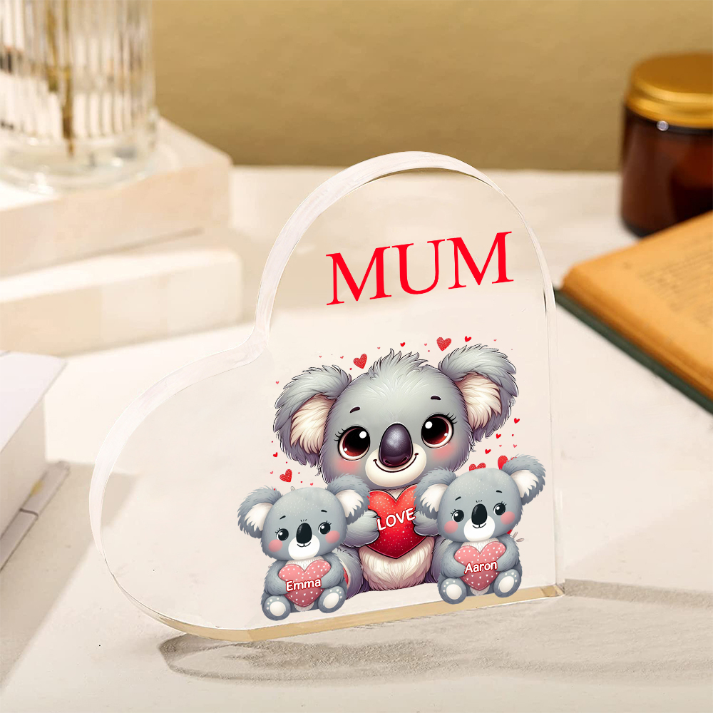 Personalised Acrylic Heart Keepsake Custom 1 Text & 2 Names Ornament Koala Family Gifts for Mother/Grandma-Jessemade AU