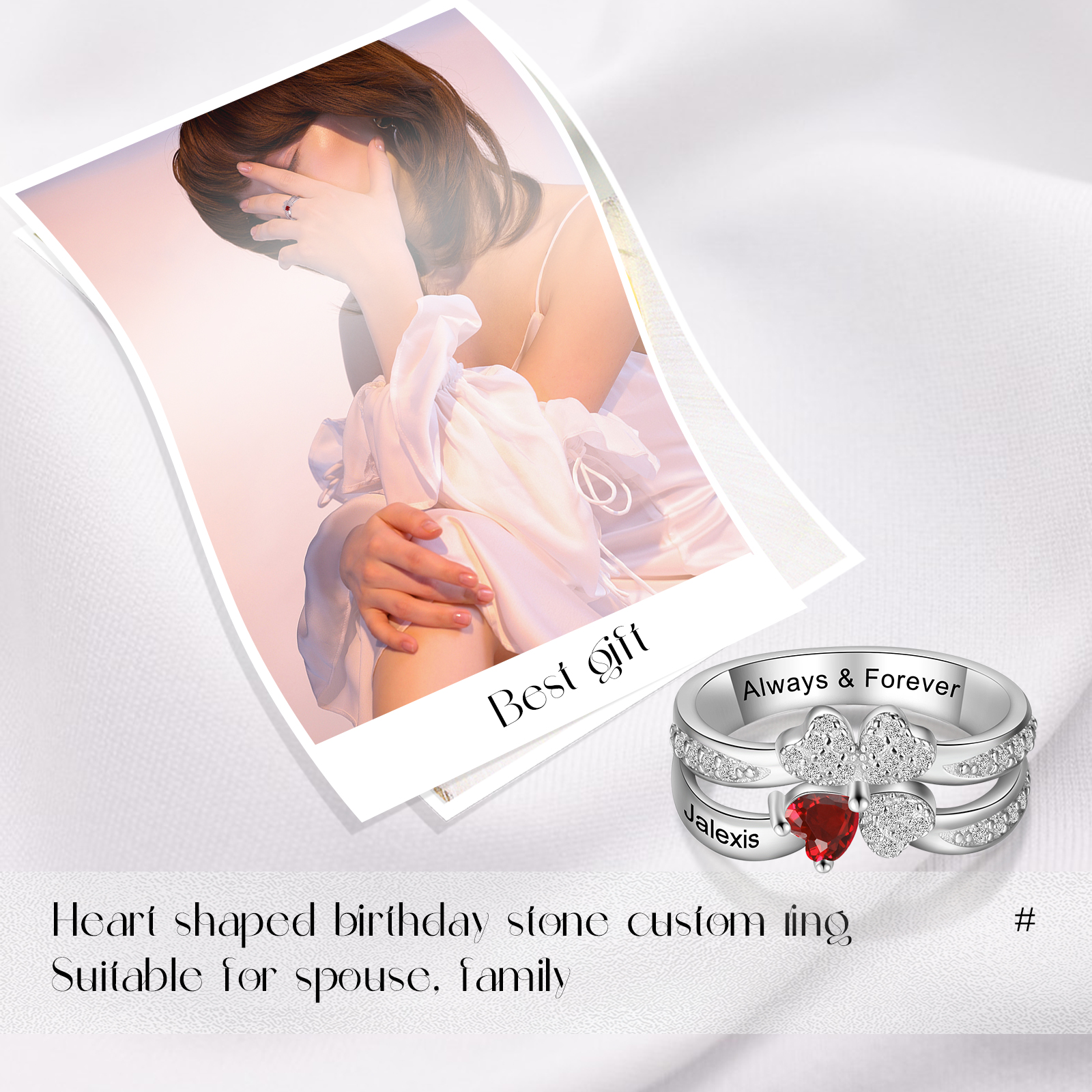Personalised Ring With 1 Birthstone Engraved Names Ring Best Gift For Women-Jessemade AU