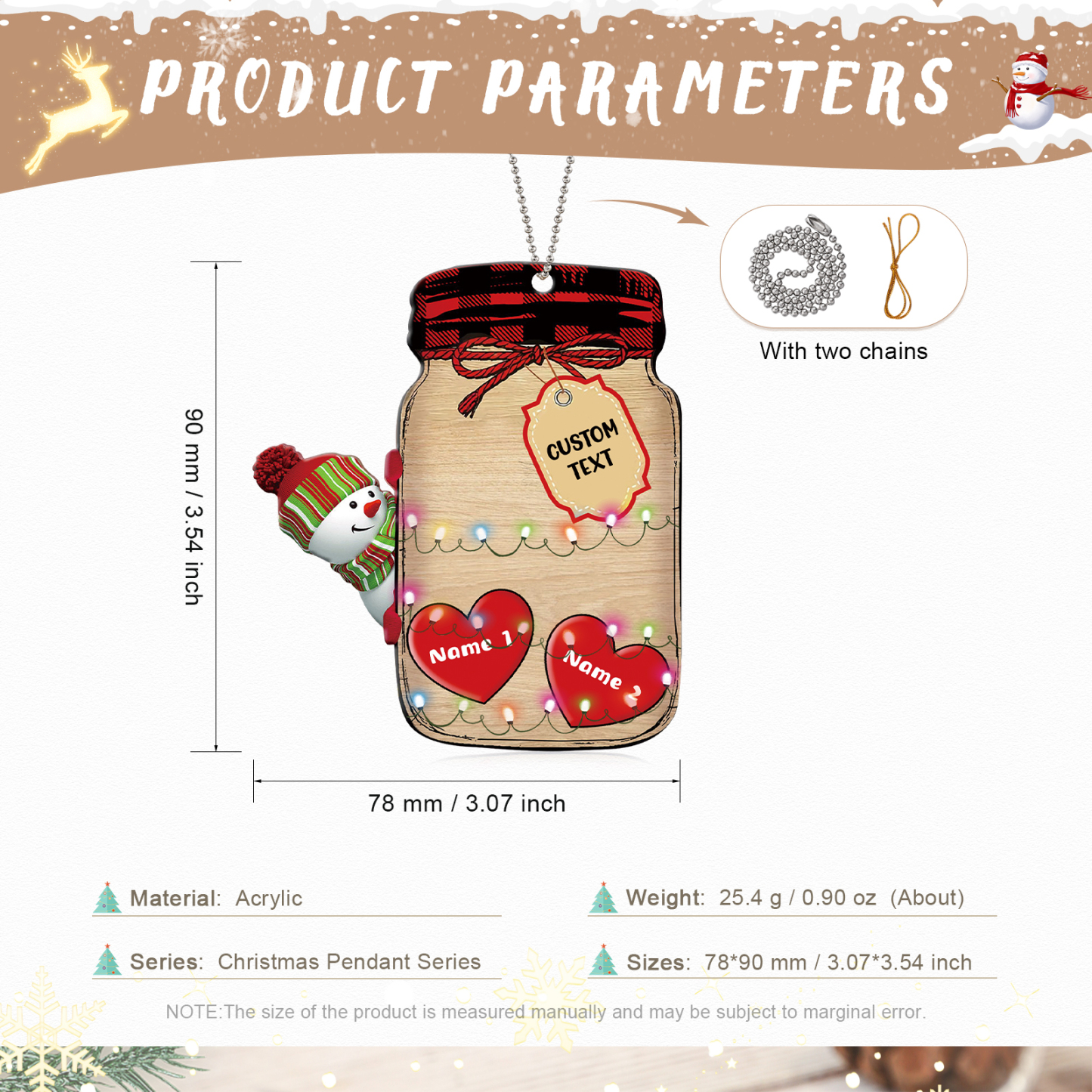 2 Names - Personalised Heart Christmas Ornament Customised Name & Text Acrylic Snowman Hanging Ornaments Jar Gift for Family-Jessemade AU