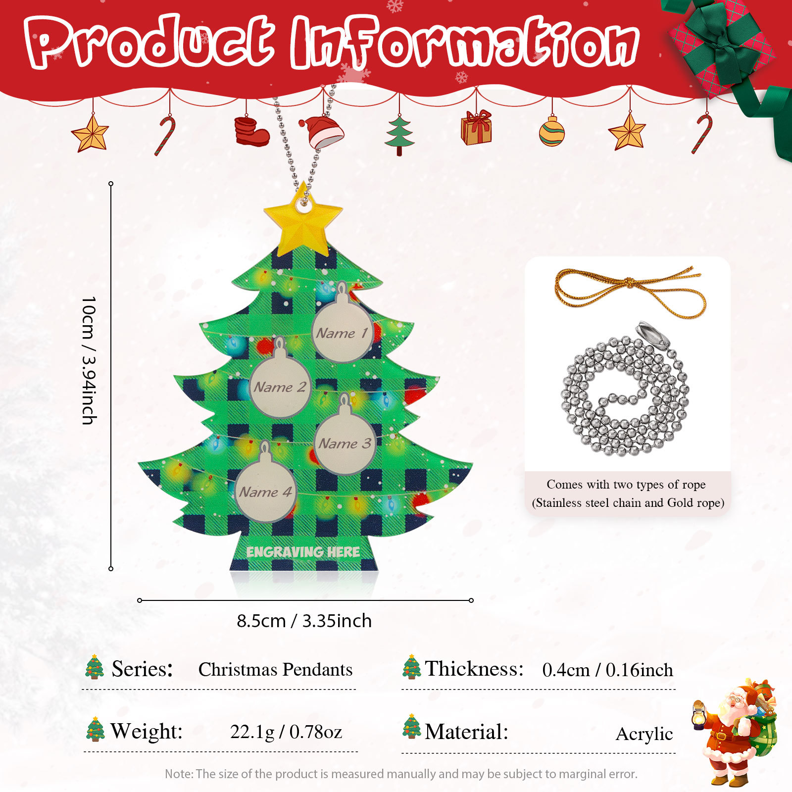 4 Names - Personalised Acrylic Christmas Tree Ornaments Customised Text & Name Xmas Pendant Gifts for Family Friends-Jessemade AU