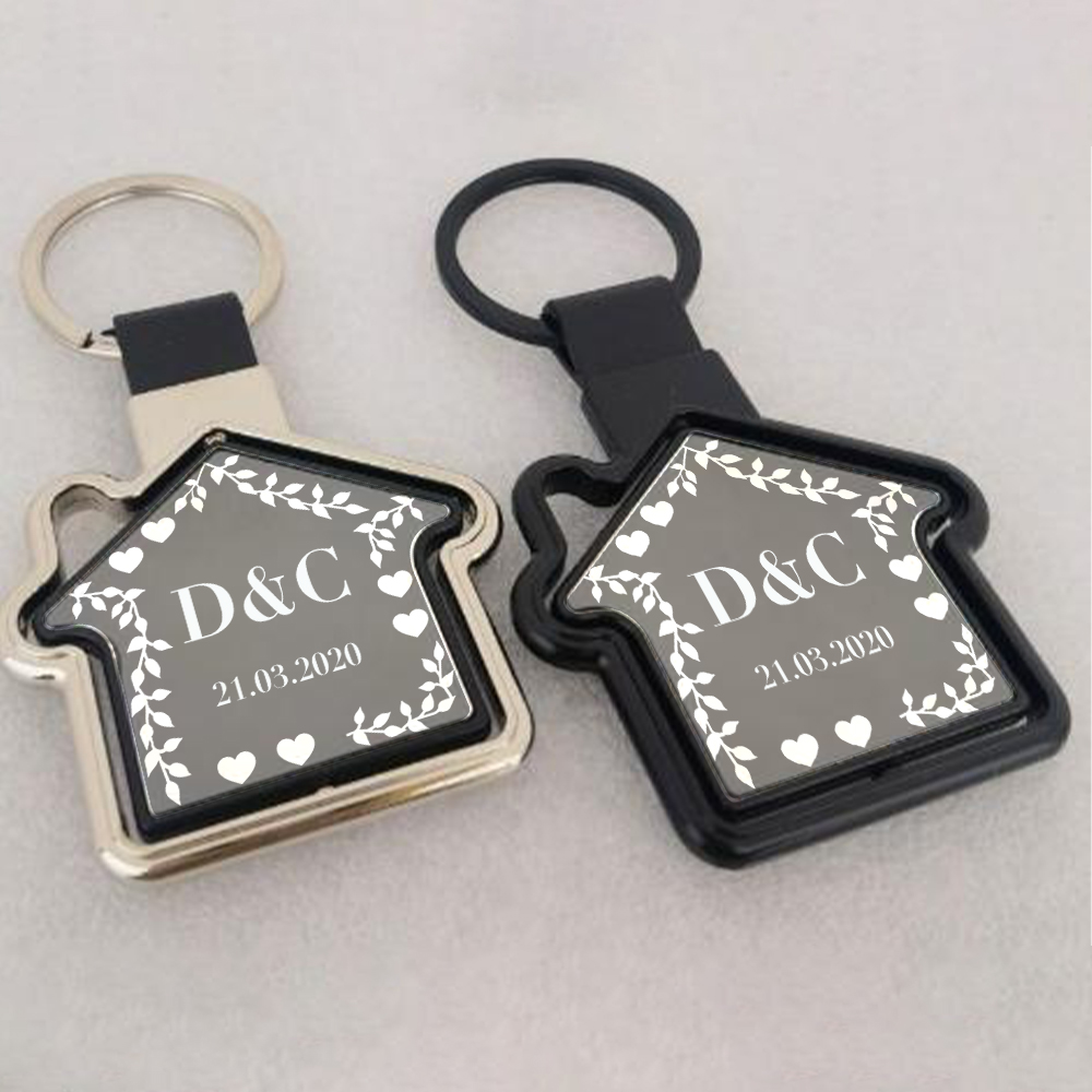 2 PCS Couple Keychain Set Custom 4 Letters & 2 Dates Keyring House-Shaped Metal Keychain Valentine's Day Gift for Him/Her-Jessemade AU