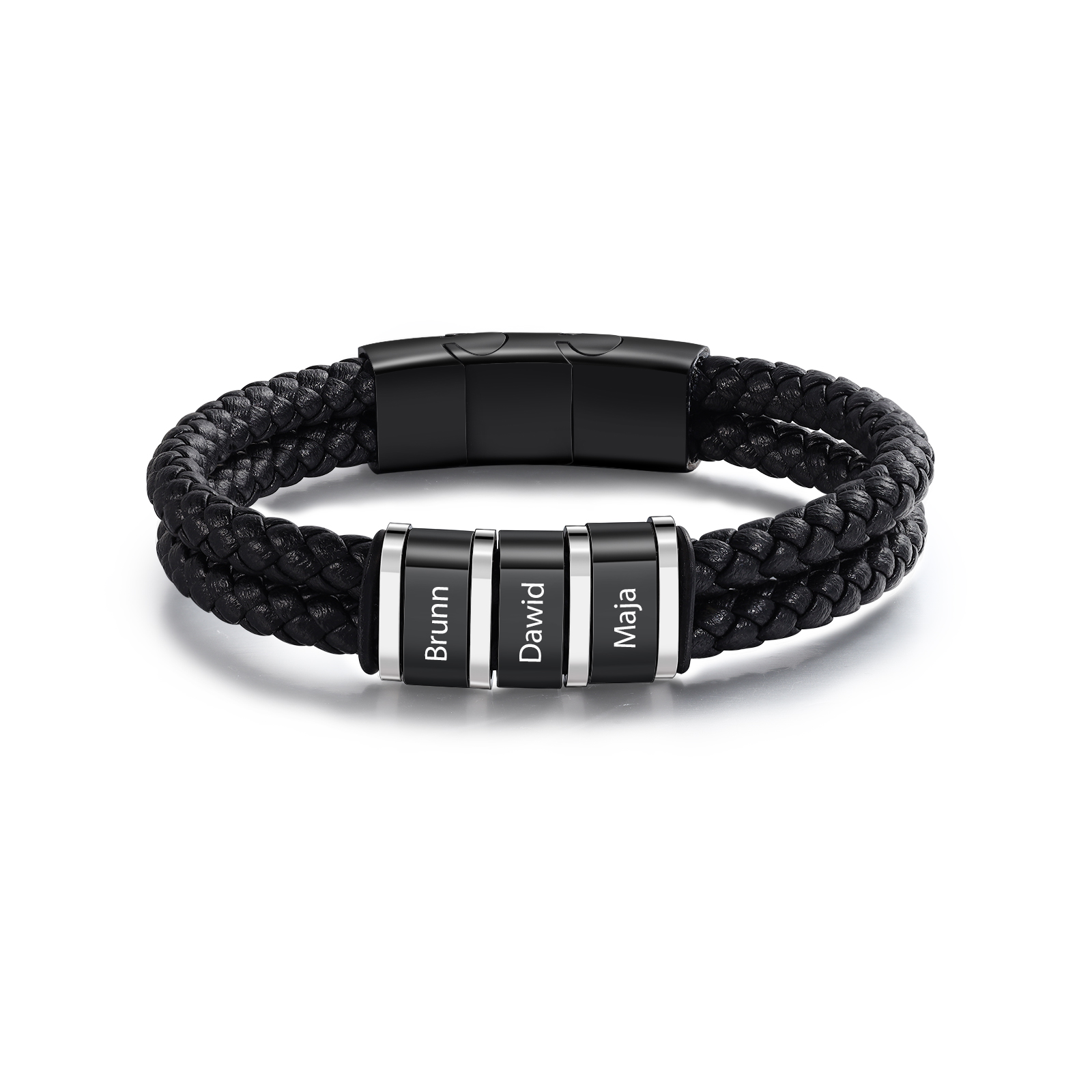 3 Names - Men's Leather Bracelet Custom Names Beaded Bracelet Adjustable Personalised Gift for Him