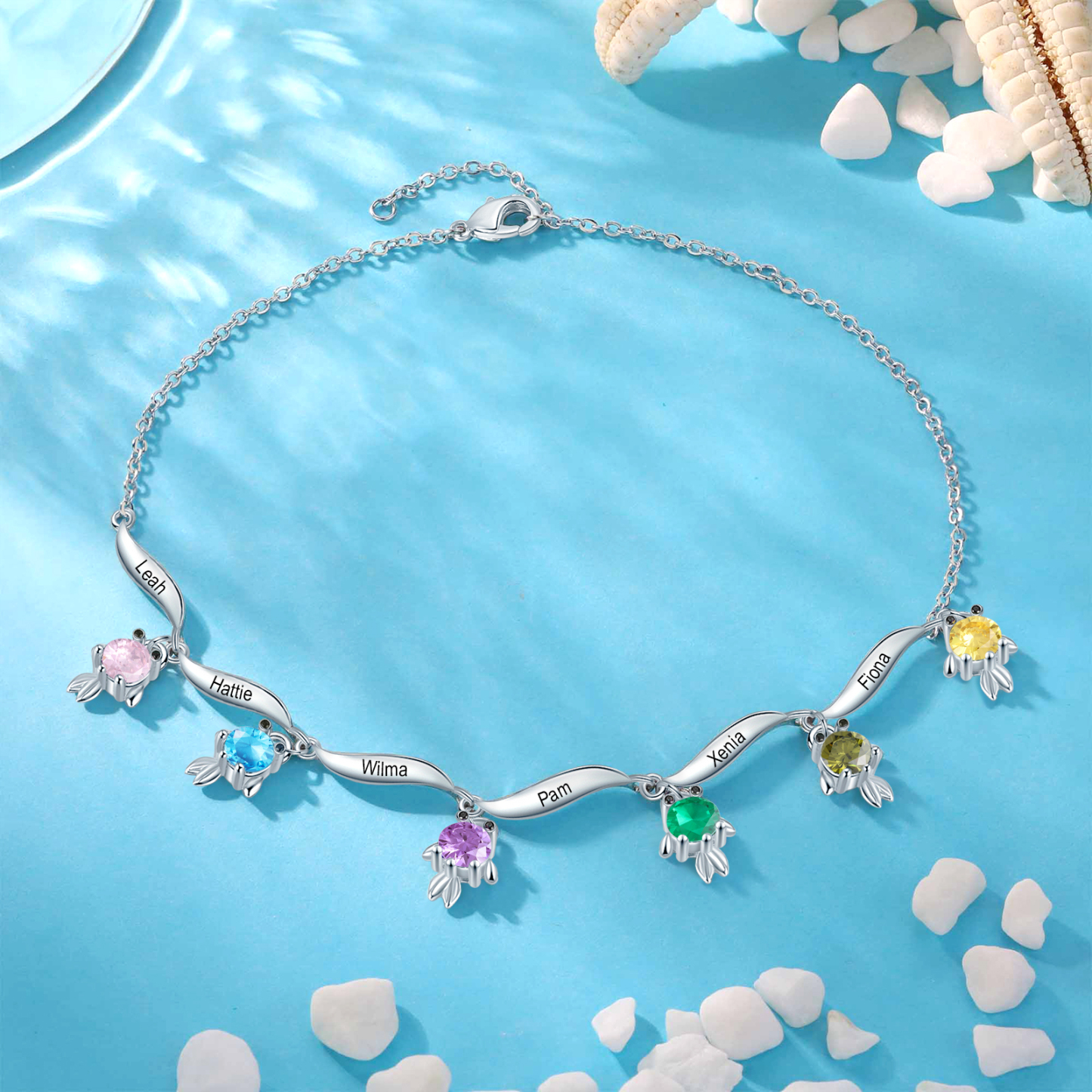 6 Names - Personalised Women's Anklet Customised Birthstones & Names Anklet Fish Anklet Birthday Gift for Her-Jessemade AU