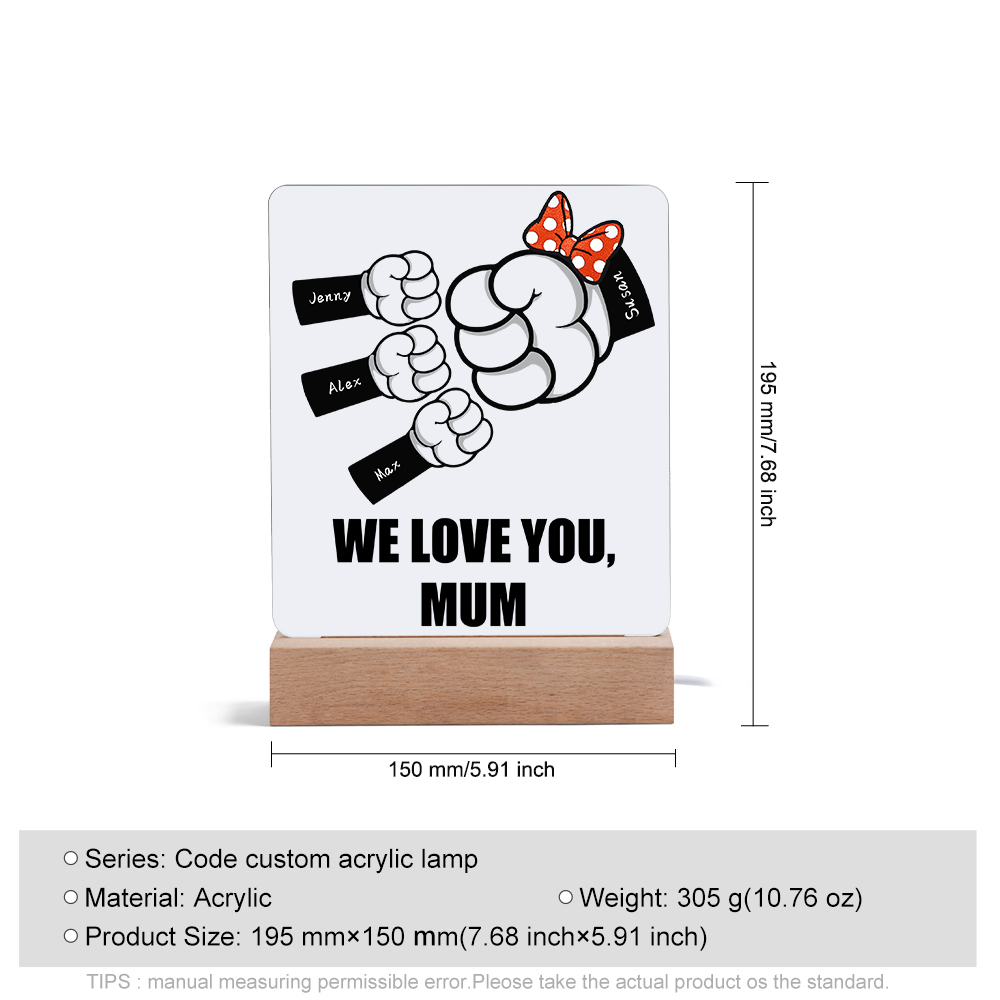 4 Names - Personalised Acrylic Night Light Custom Names & Text Fist Bump LED Lamp Gifts for Family-Jessemade AU