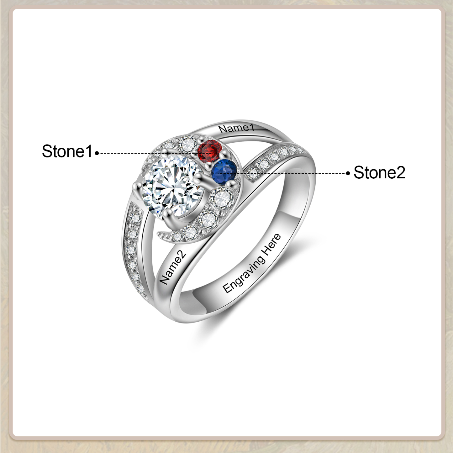 Personalised Moon Star Ring With 2 Birthstones Custom Names Best Gift For Women-Jessemade AU