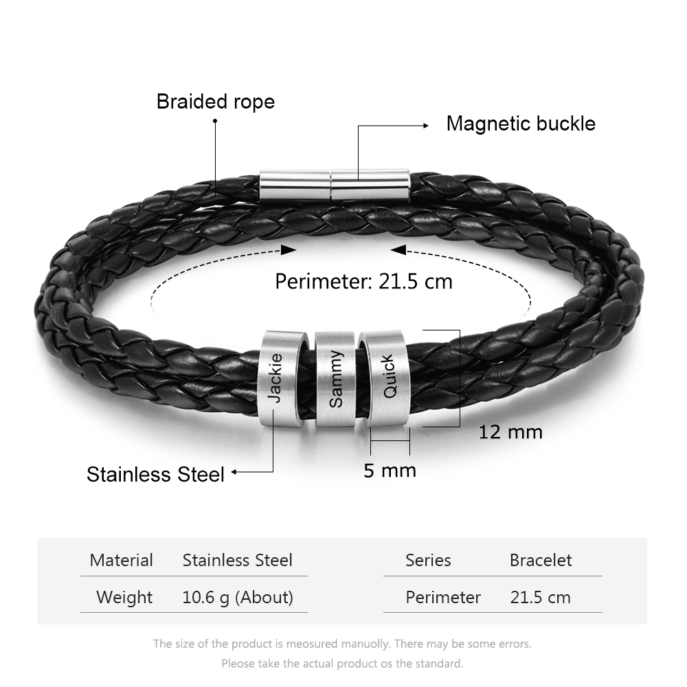 Leather Braided Bracelet Men Bracelets Personalised 3 Names 3 Beads Gift For Dad-Jessemade AU