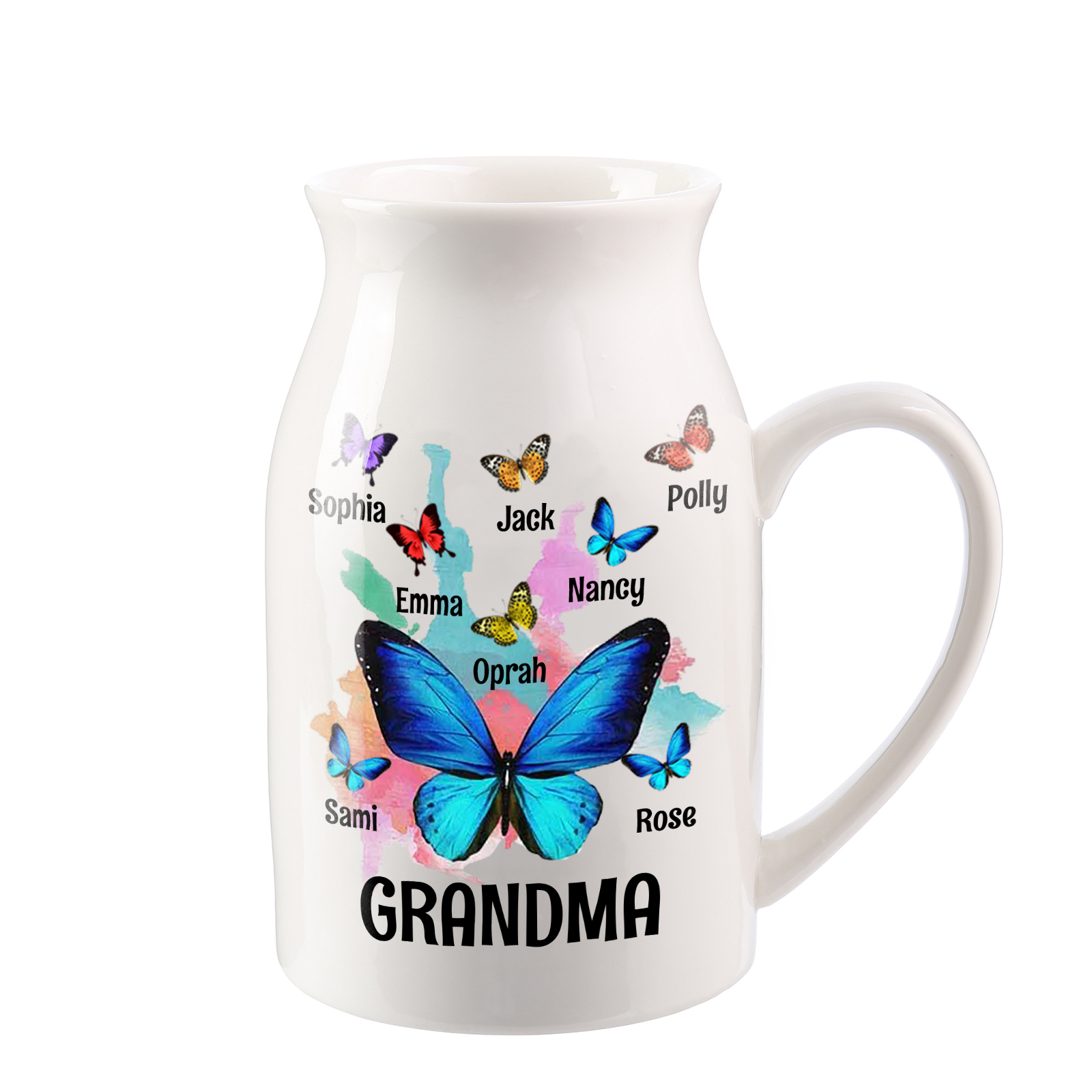 Personalised Ceramic Flower Vase Custom 2–8 Names & 1 Text Colourful Butterfly Vase Gift for Mother/Grandma-Jessemade AU