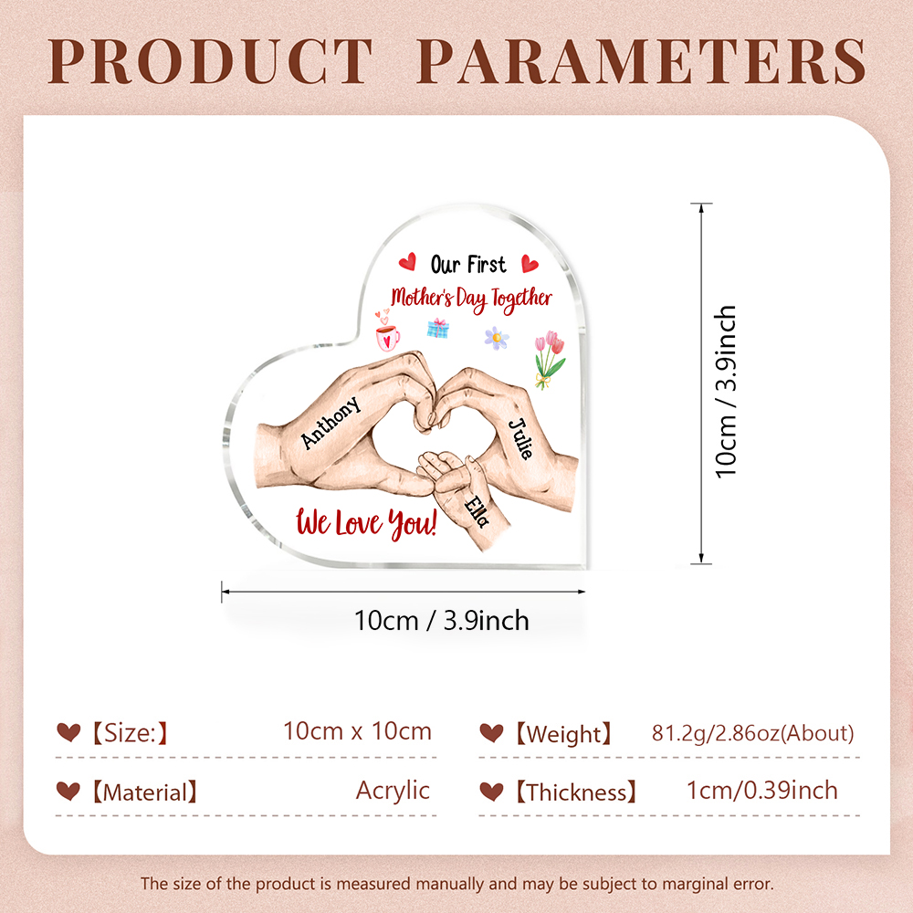 Our First Mother's Day Together - Personalised Text Acrylic Heart Keepsake Family Hands Custom 3 Names Ornaments-Jessemade AU