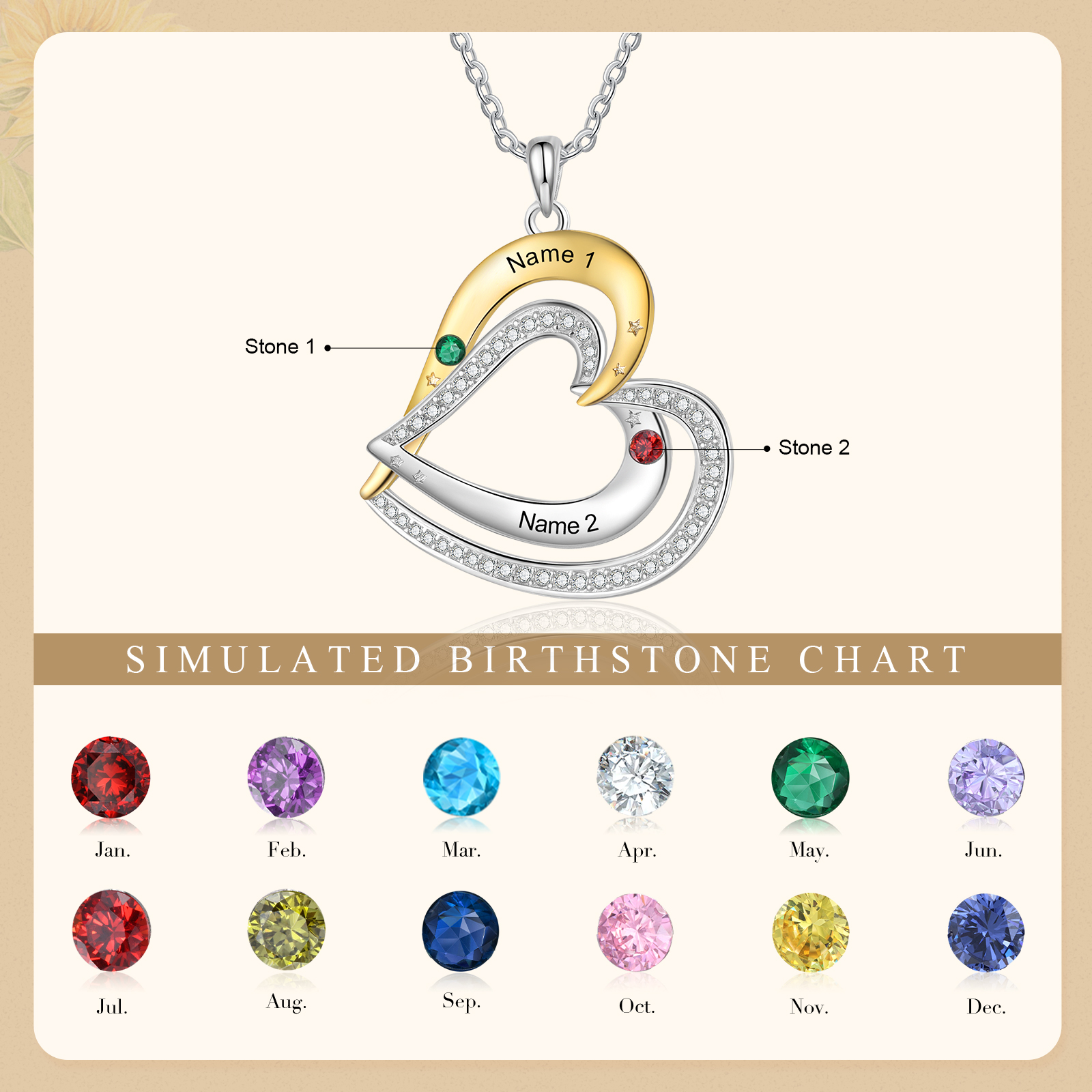 Personalised 2 Birthstones & 2 Names Necklace Custom Heart Pendant Necklace Gifts for Her-Jessemade AU