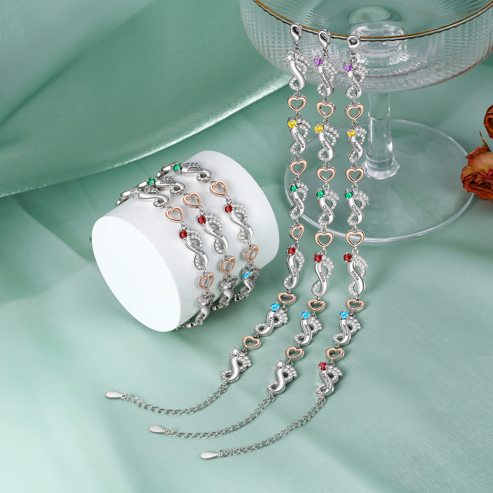 Personalised Baby Feet Bracelet Custom 2 Birthstones Heart Bracelet Gifts For Women-Jessemade AU