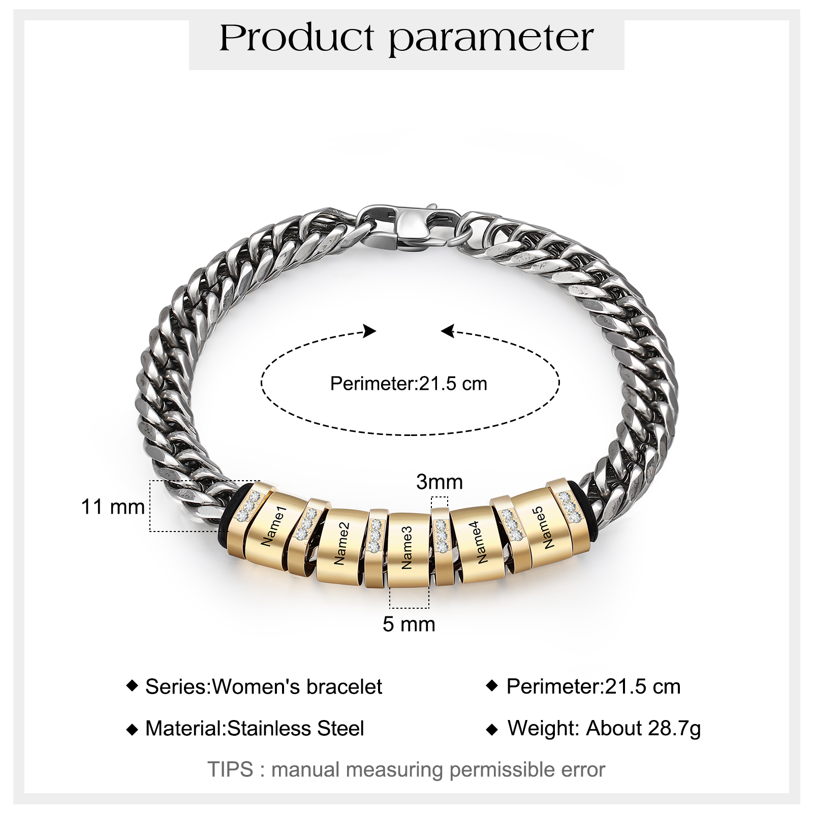 Personalised Cuban Chain Bracelet Customised Name Bracelet with 5 Beads-Jessemade AU