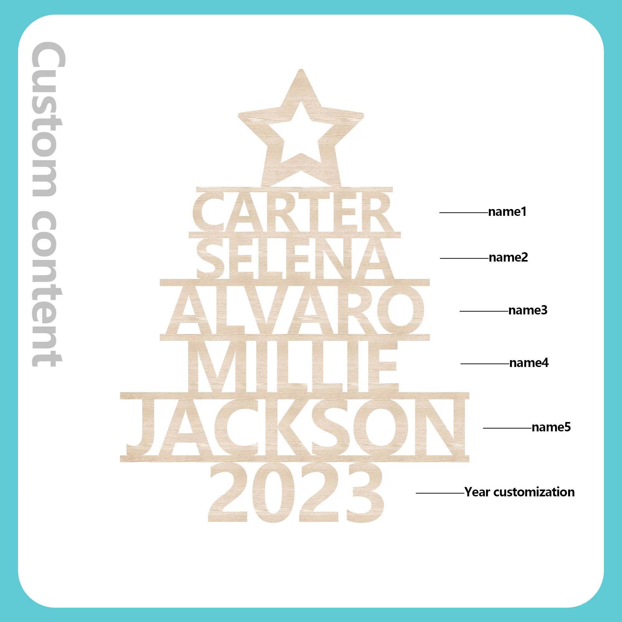 5 Names - Personalised Christmas Tree Ornaments Customised Name Xmas Wooden Decor Gifts for Family Friends-Jessemade AU