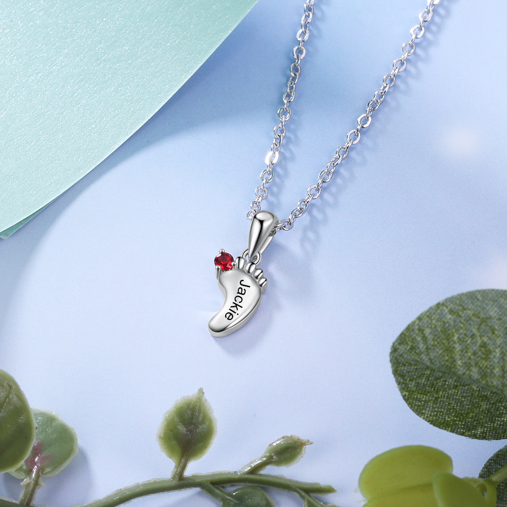 Personalised Baby Foot Necklace With 1 Birthstone Engraved Names Gift For Mother-Jessemade AU
