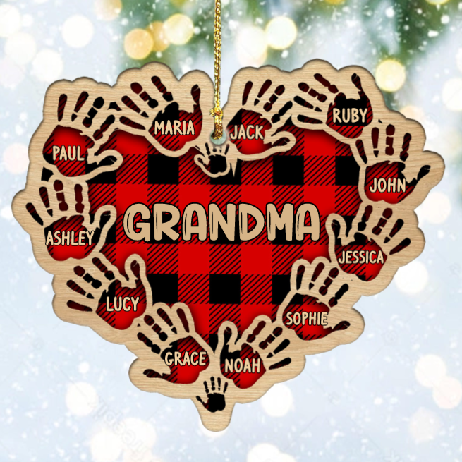 Grandma Mom Heart Hand Print Wood Ornament Custom 11 Names for Family-Jessemade AU