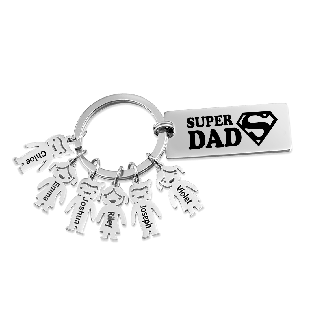 Father's Day Gift Personalised Super Dad Keychain Engraved 6 Kid Charms-Jessemade AU