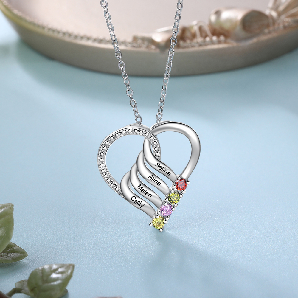 Personalised Heart Necklace With 4 birthstones Engraved Names Gift For Mother-Jessemade AU
