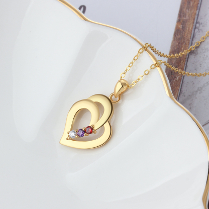 Personalised Heart Necklace With 3 Birthstones Engraved Names Gift For Her-Jessemade AU