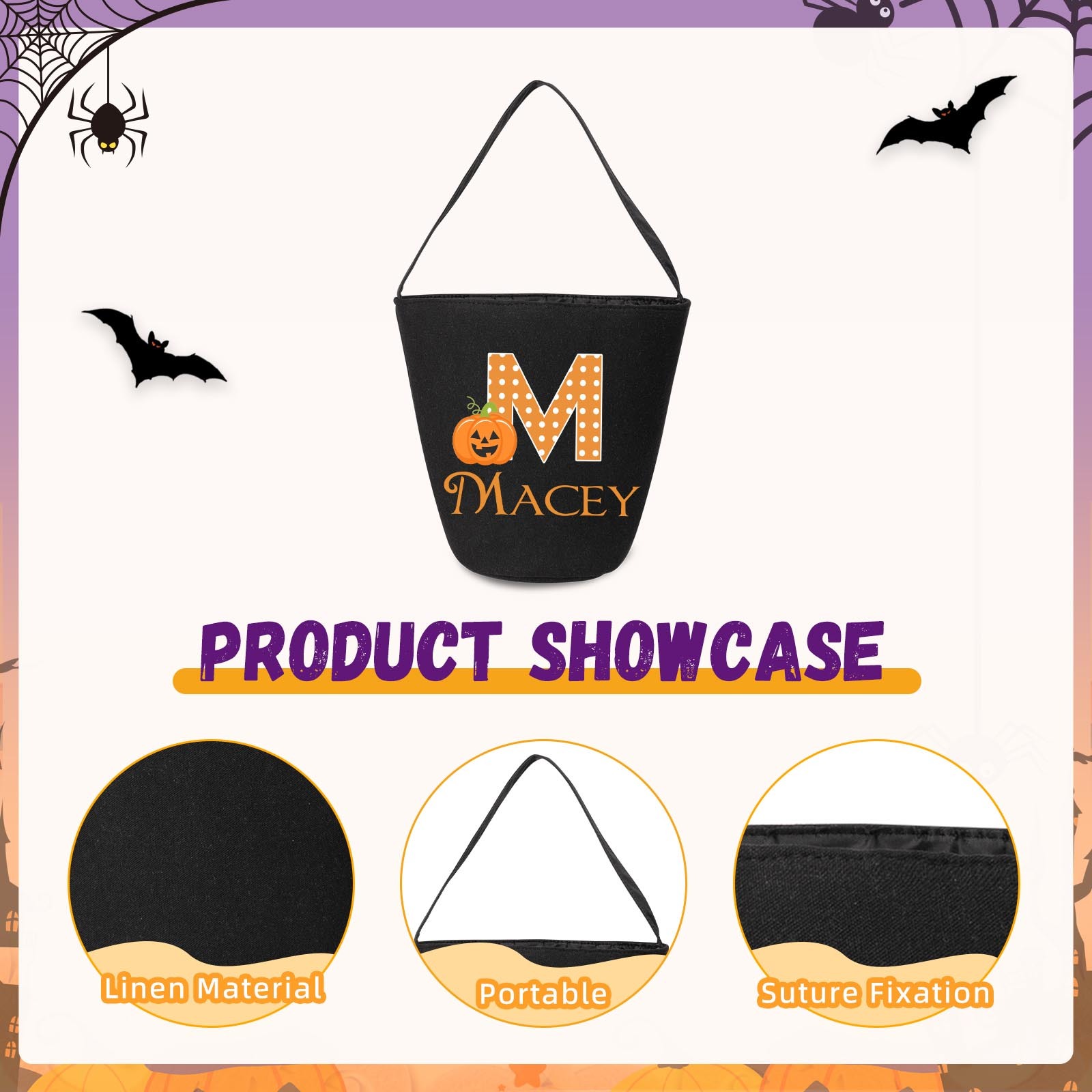 Personalised Halloween Tote Bags Custom 1 Name 1 Letter Bucket Bag Black Pumpkin Candy Bag-Jessemade AU
