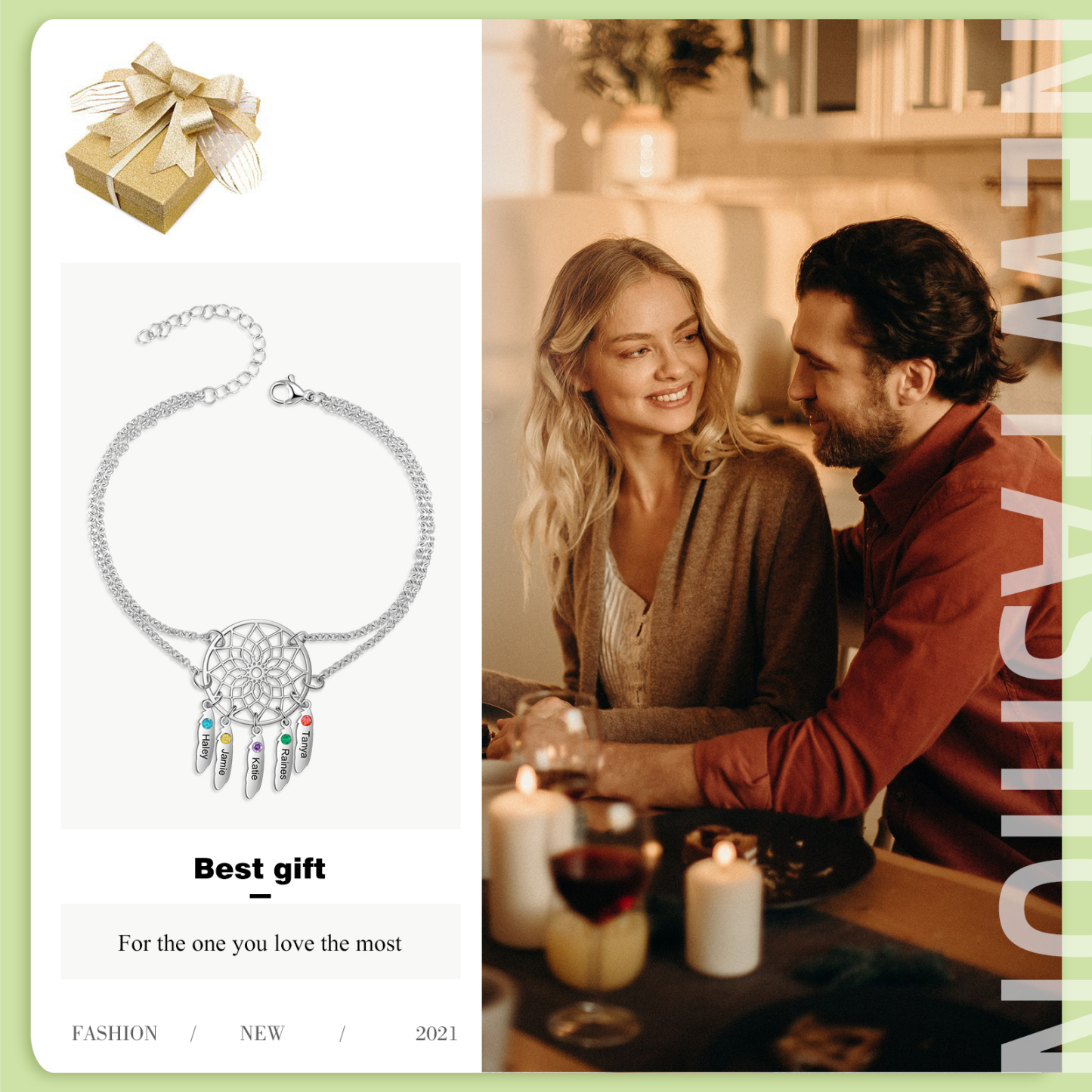 Personalised Dream Catcher Necklace With 5 Birthstones Engraved Names Gift For Women-Jessemade AU