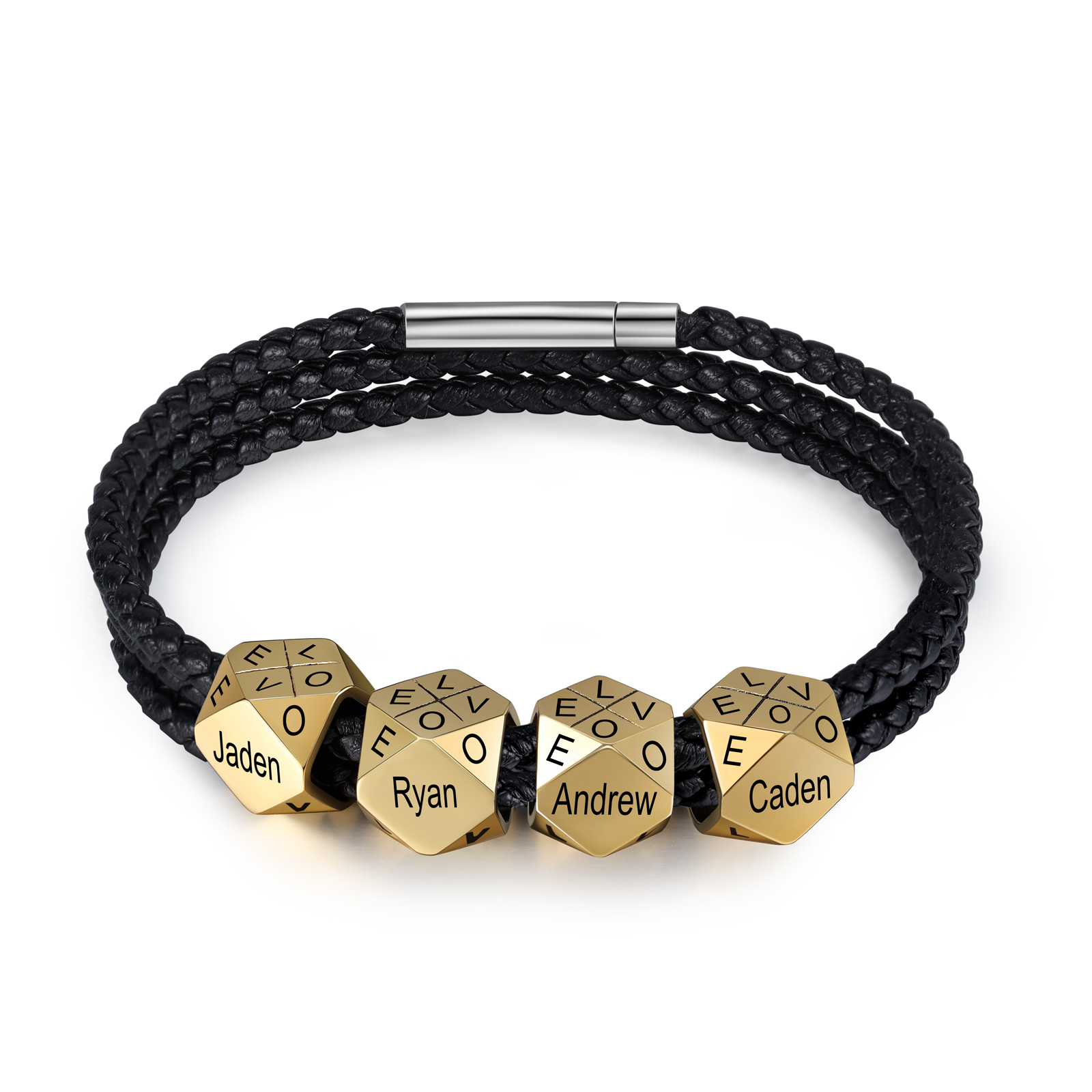 Personalised Braided Leather Bracelet Engraved 8 Names polyhedron Men's Bracelet Gifts For Him-Jessemade AU