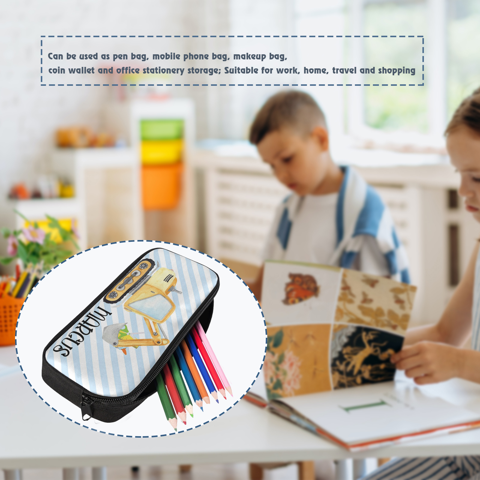 Personalised  Name Pencil Case Yellow Excavator Pen Bag Zipper Back to School Gifts for Student-Jessemade AU